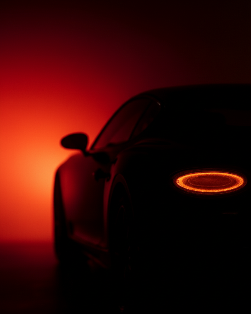 Silhouette of a Bentley car with a glowing emblem against a red background