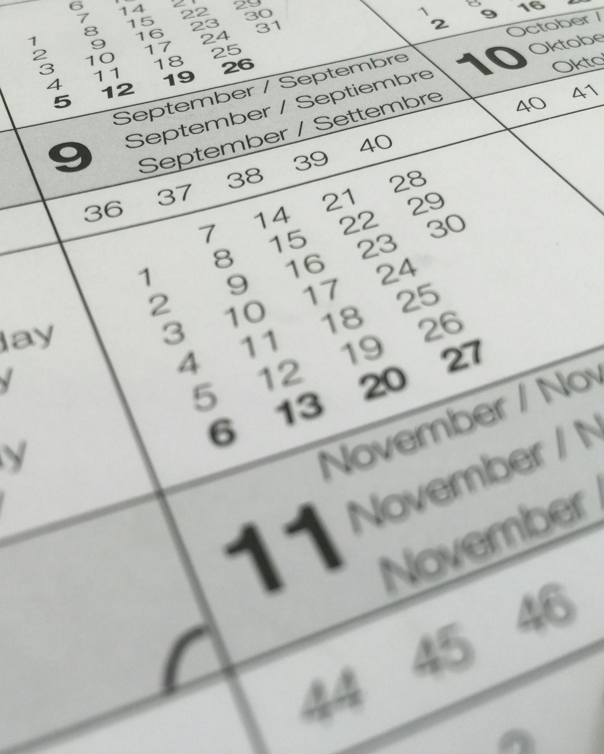 Close-up of a calendar showing multiple dates