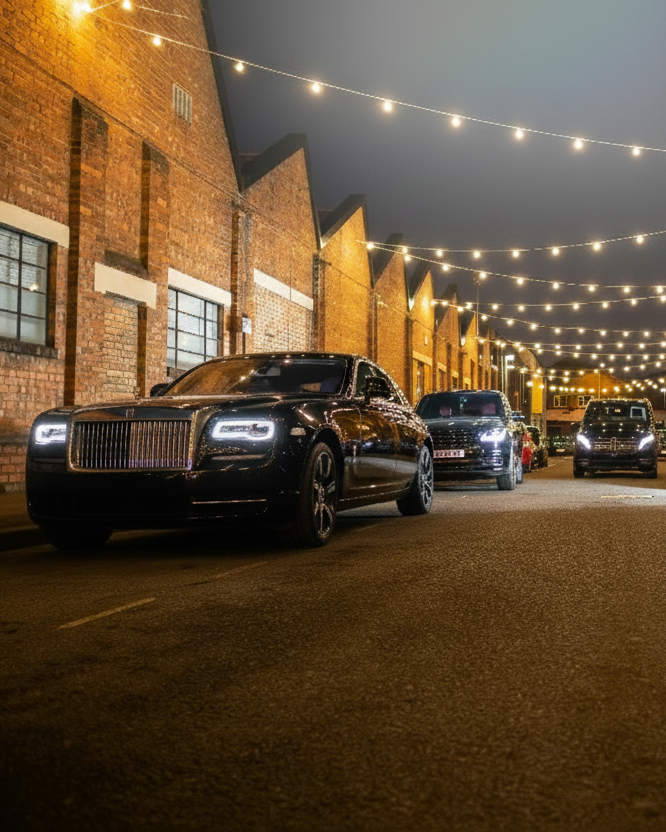 Luxury cars parked at night in Boston under string lights