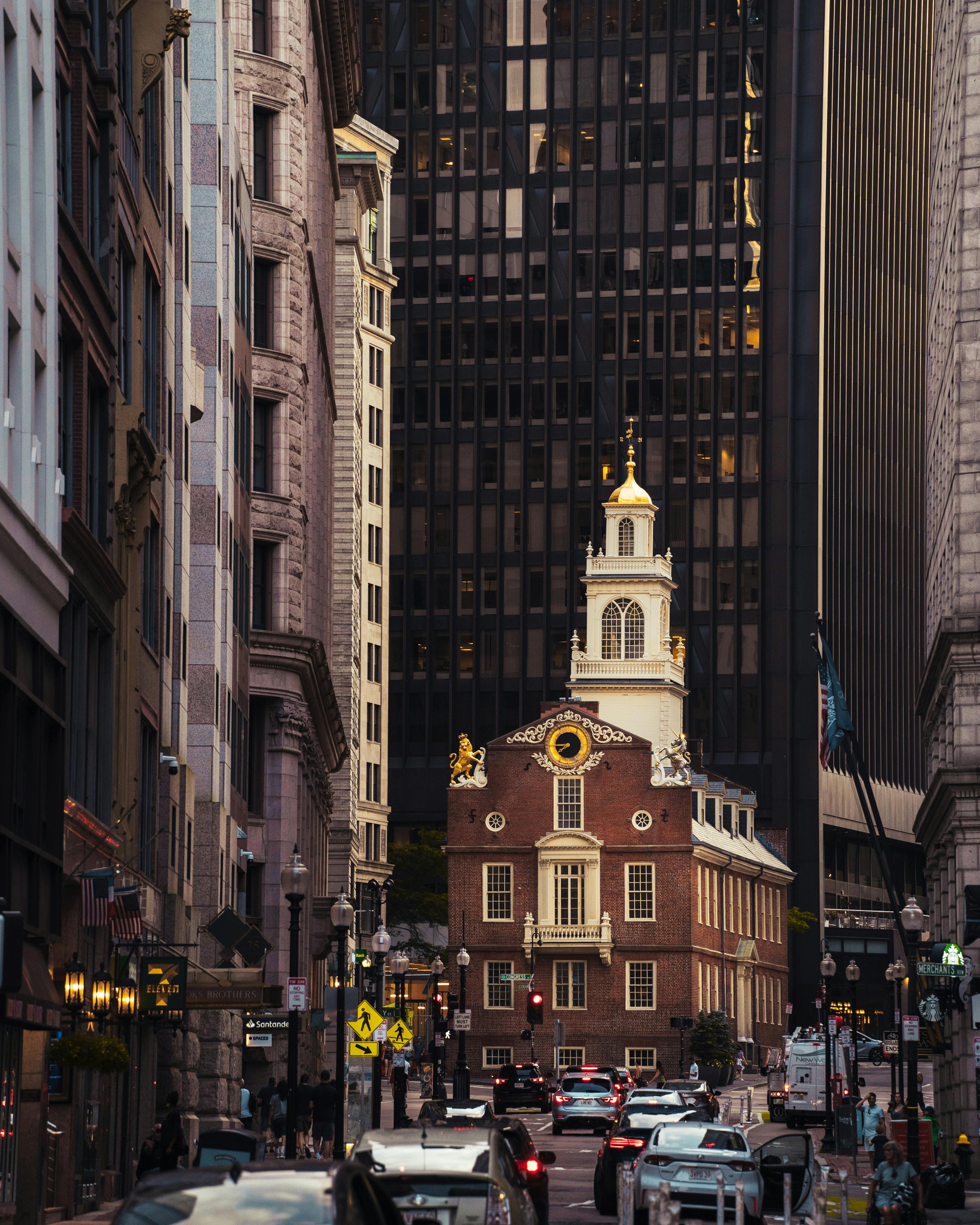 The Old State House in downtown Boston surrounded by modern buildings