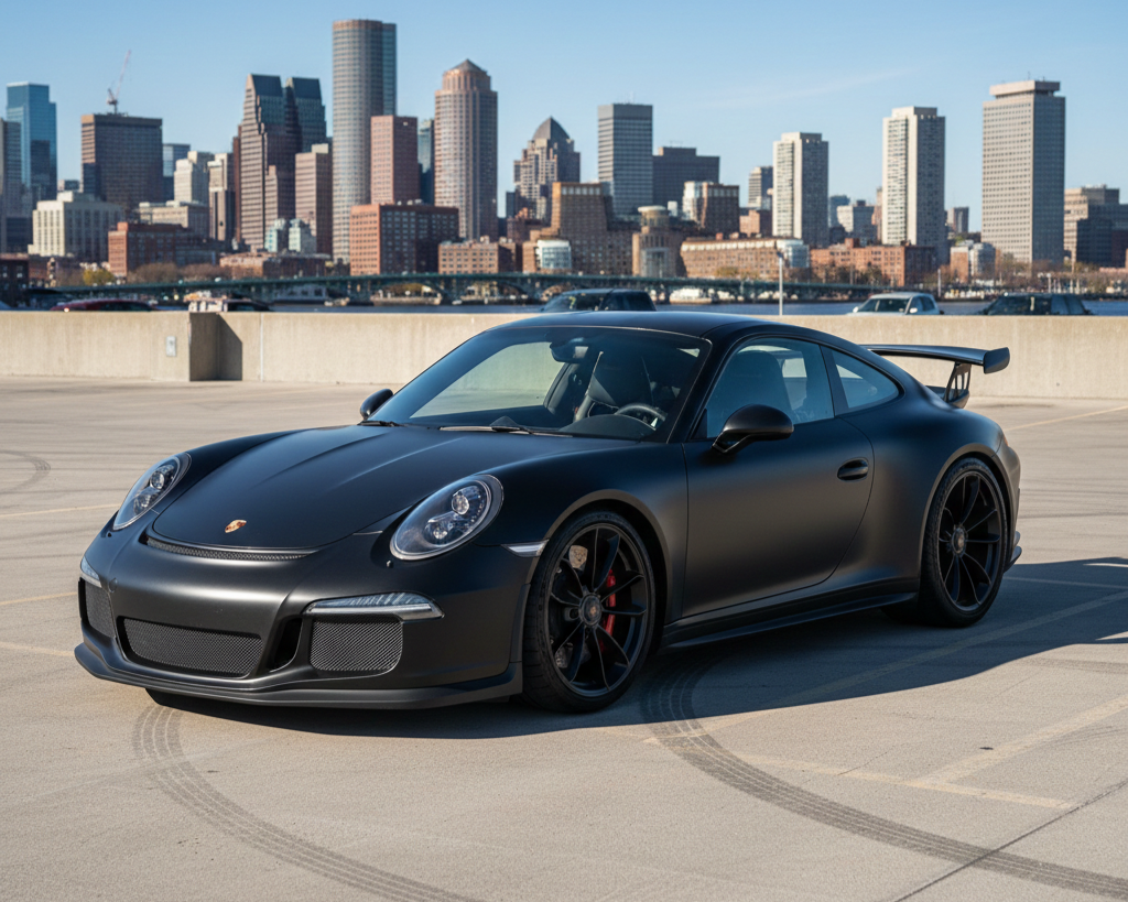 Black Porsche 911 GT3 parked on a rooftop parking garage in Boston with the city skyline in the background