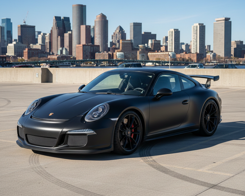 Black Porsche 911 GT3 parked on a rooftop parking garage in Boston with the city skyline in the background