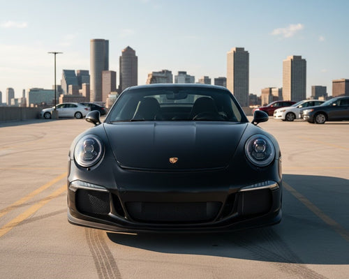 Front view of a Porsche 911 GT3 parked on a rooftop parking garage in Boston with the city skyline behind