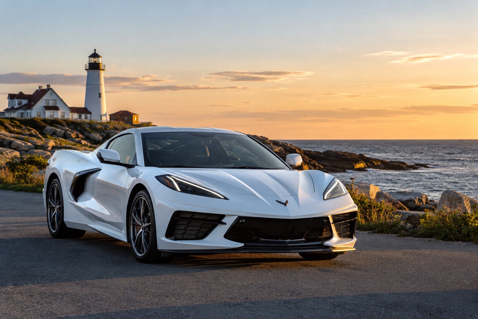 A white convertible supercar on the Massachusetts coast with an identification card blurred in the foreground