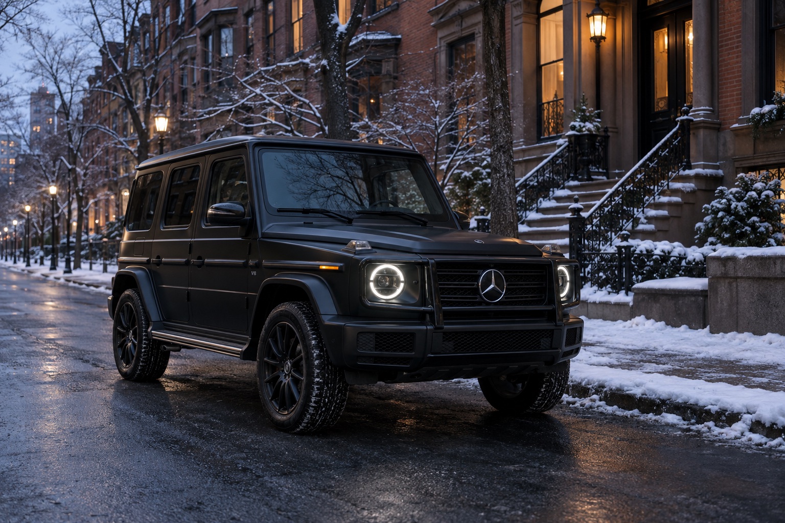 A luxury SUV on a snow-dusted Boston road in winter