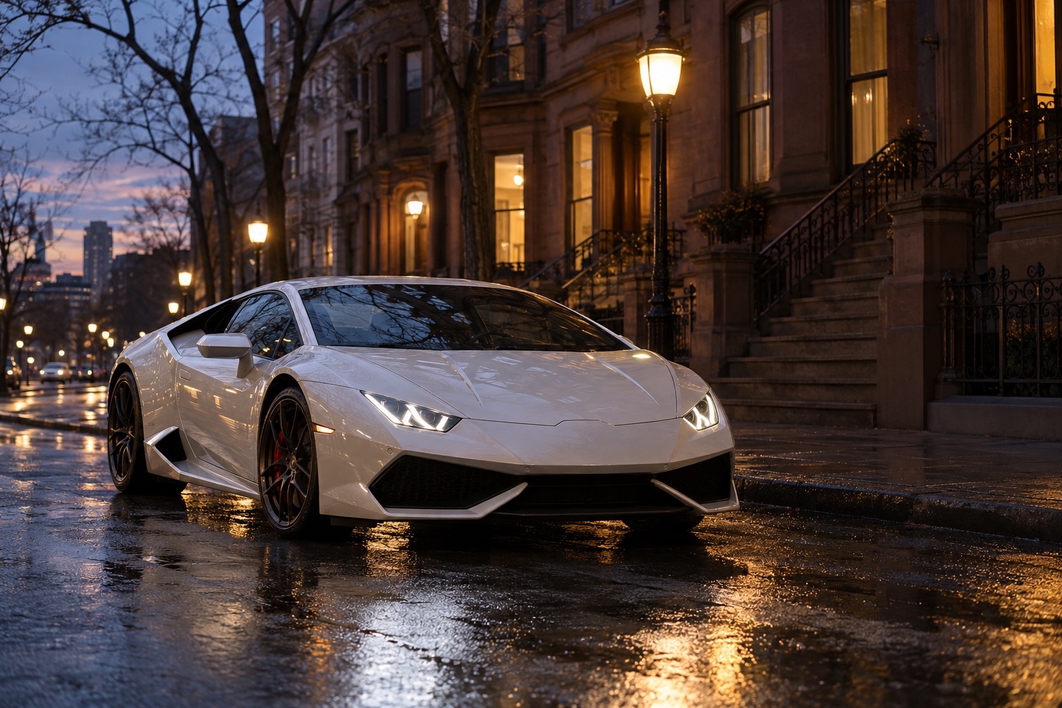 A green Lamborghini on a Boston street at blue hour