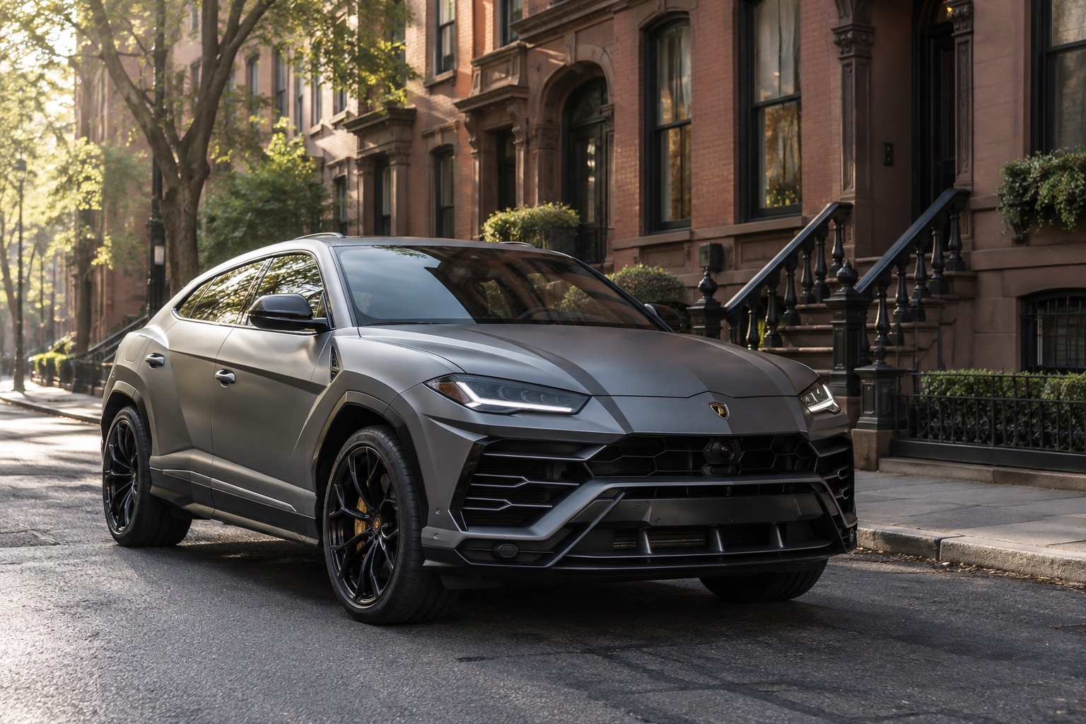 A Lamborghini Urus driving through Boston at golden hour