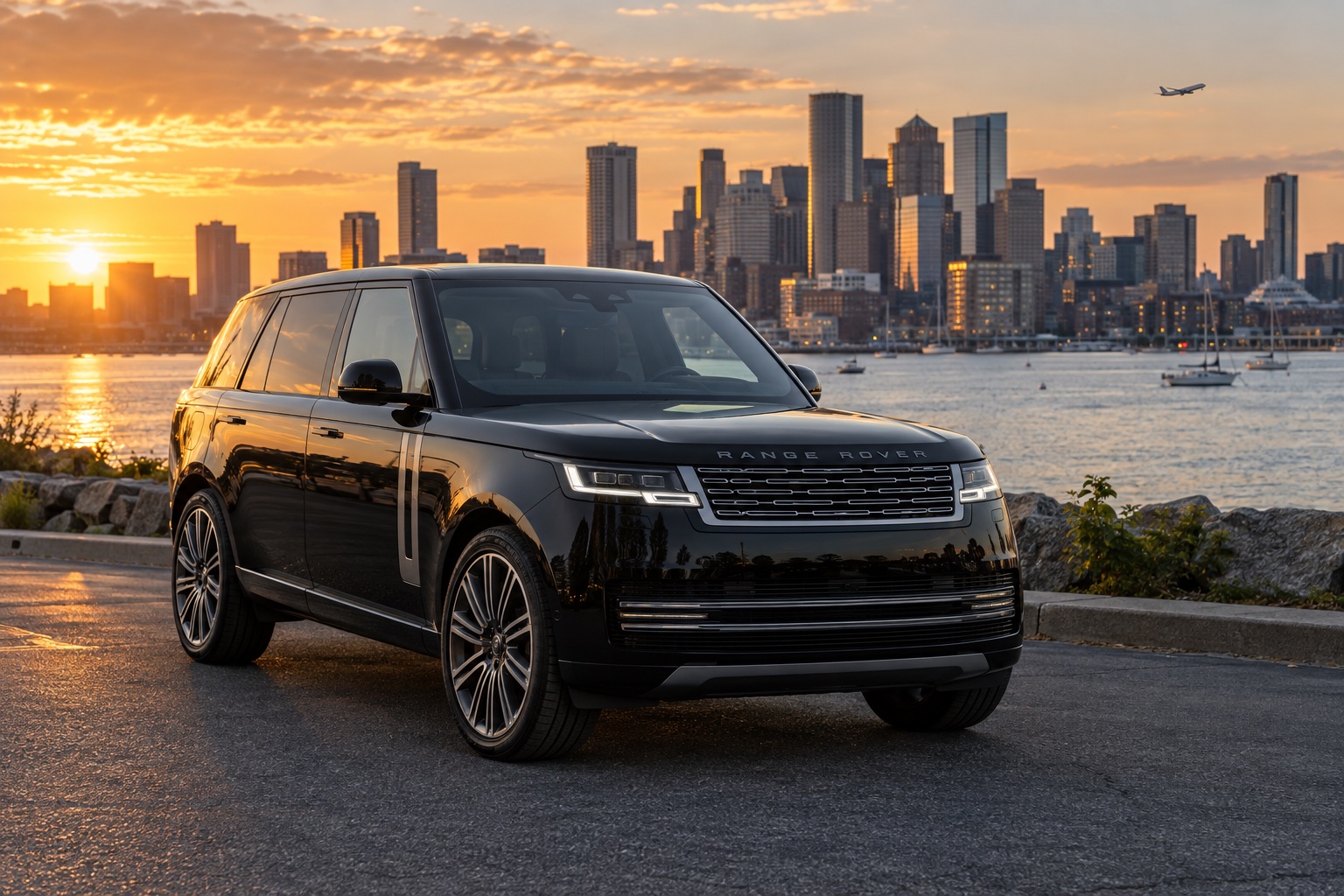 A black luxury SUV at an off-airport Boston pickup location with the skyline beyond