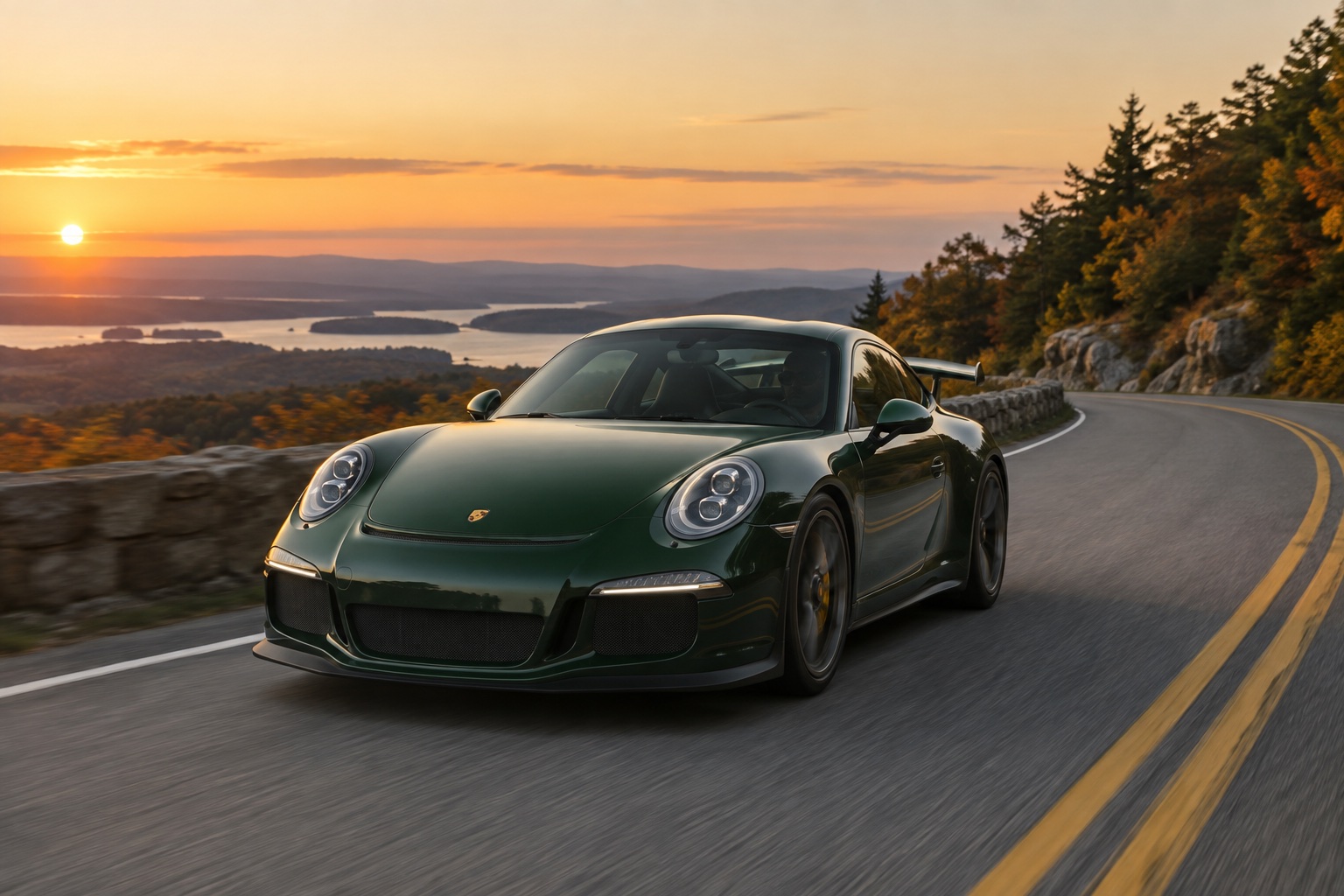 A Porsche 911 GT3 on a winding New England road near Boston