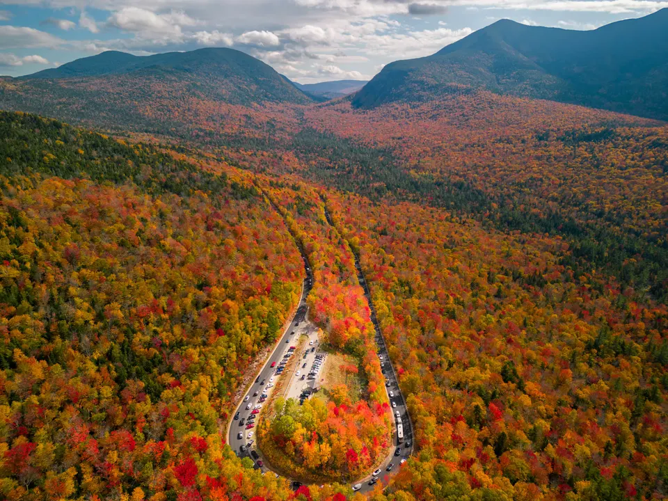 Aerial view of fall color along the Kancamagus Highway, NH Route 112